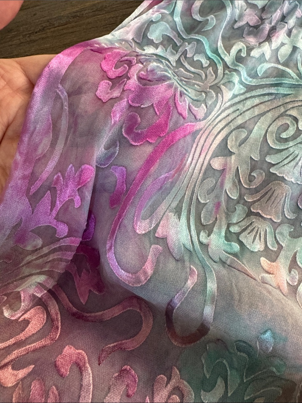 Burnout Tie Dye Fringe Scarf Pashmina Blue Pink Peach Paisley - Picture 3 of 6